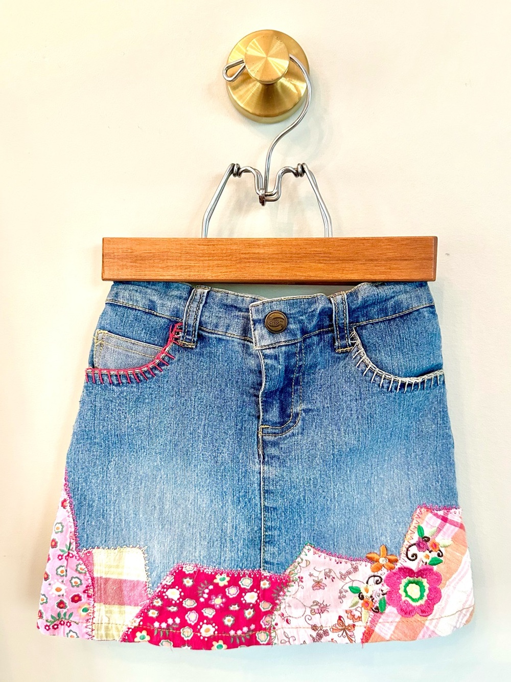 Faded Glory Girls Vintage Y2K Denim Skort Patchwork Embroidered Floral Size 5
